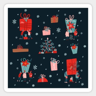 Festive Christmas pattern illustration: people, kindness, gifts, snow and Christmas tree Magnet